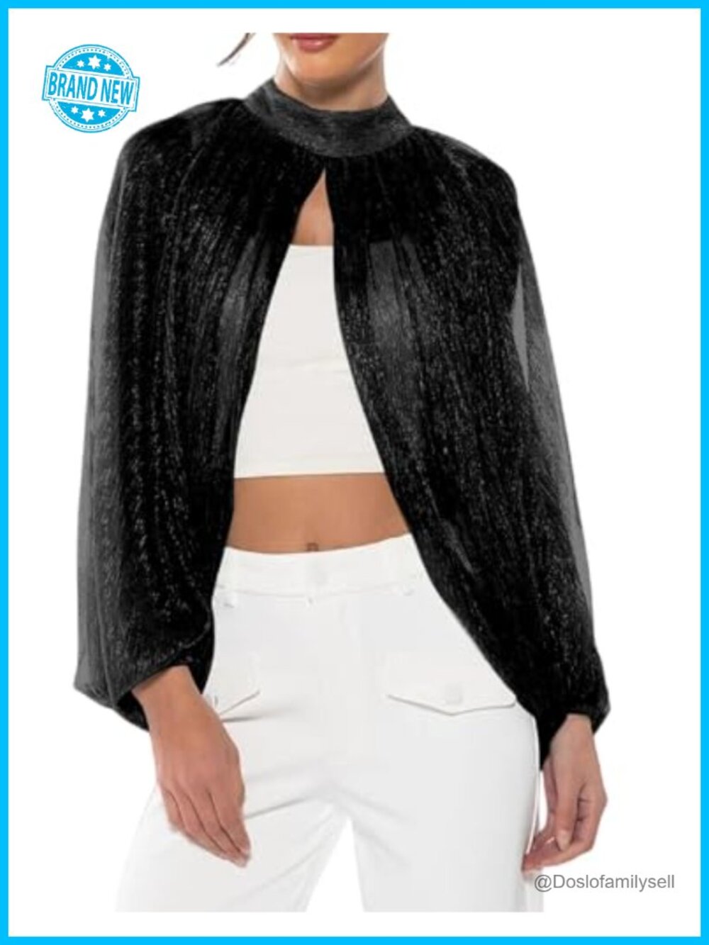 Women Sheer Mesh Glitter Blouse Lantern Sleeve Mock Neck Crop Cover Up